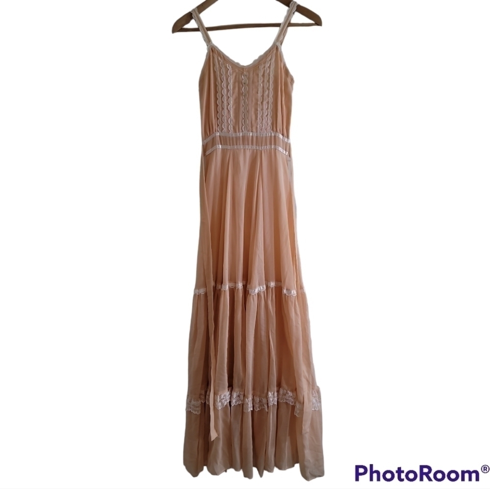 Vintage Gunne Sax Peach Sleevess Prairie Dress Maxi Tiered Skirt Lace Lined XXS
